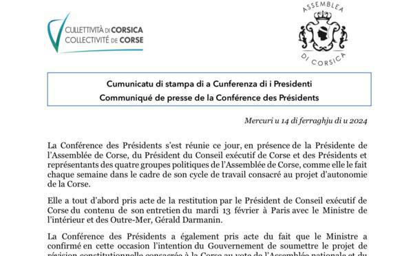 Cumunicatu di stampa di a Cunferenza di i Presidenti : cycle de travail consacré au projet d’autonomie de la Corse