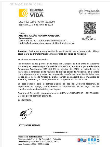 Gobernador de Antioquia rechaza diálogo con disidencias de las FARC: "La paz se entiende como el imperio de la ley