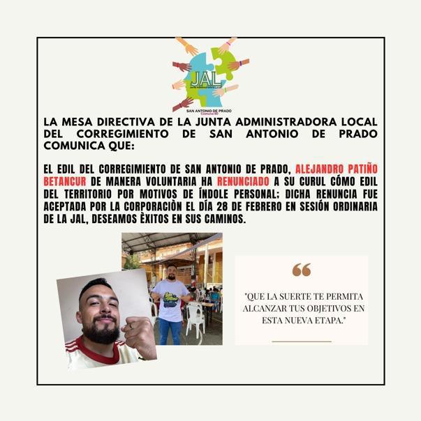 Alejandro Patiño Betancur se despide como edil de San Antonio de Prado: 'Gracias por tanto amor, pradeños Alejandro Patiño Betancur se despide como edil de San Antonio de Prado: 'Gracias por tanto amor, pradeños