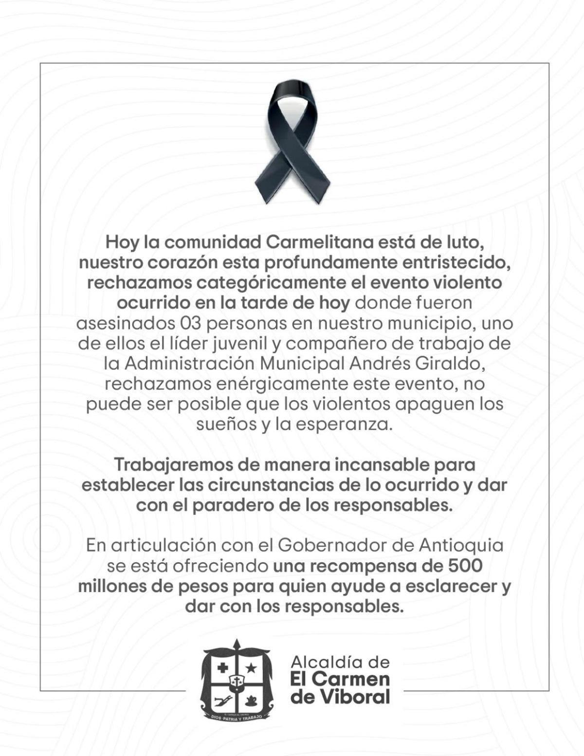 Triple crimen en El Carmen de Viboral: asesinan a líder social y Gobernación ofrece $500 millones por información Triple crimen en El Carmen de Viboral: asesinan a líder social y Gobernación ofrece $500 millones por información