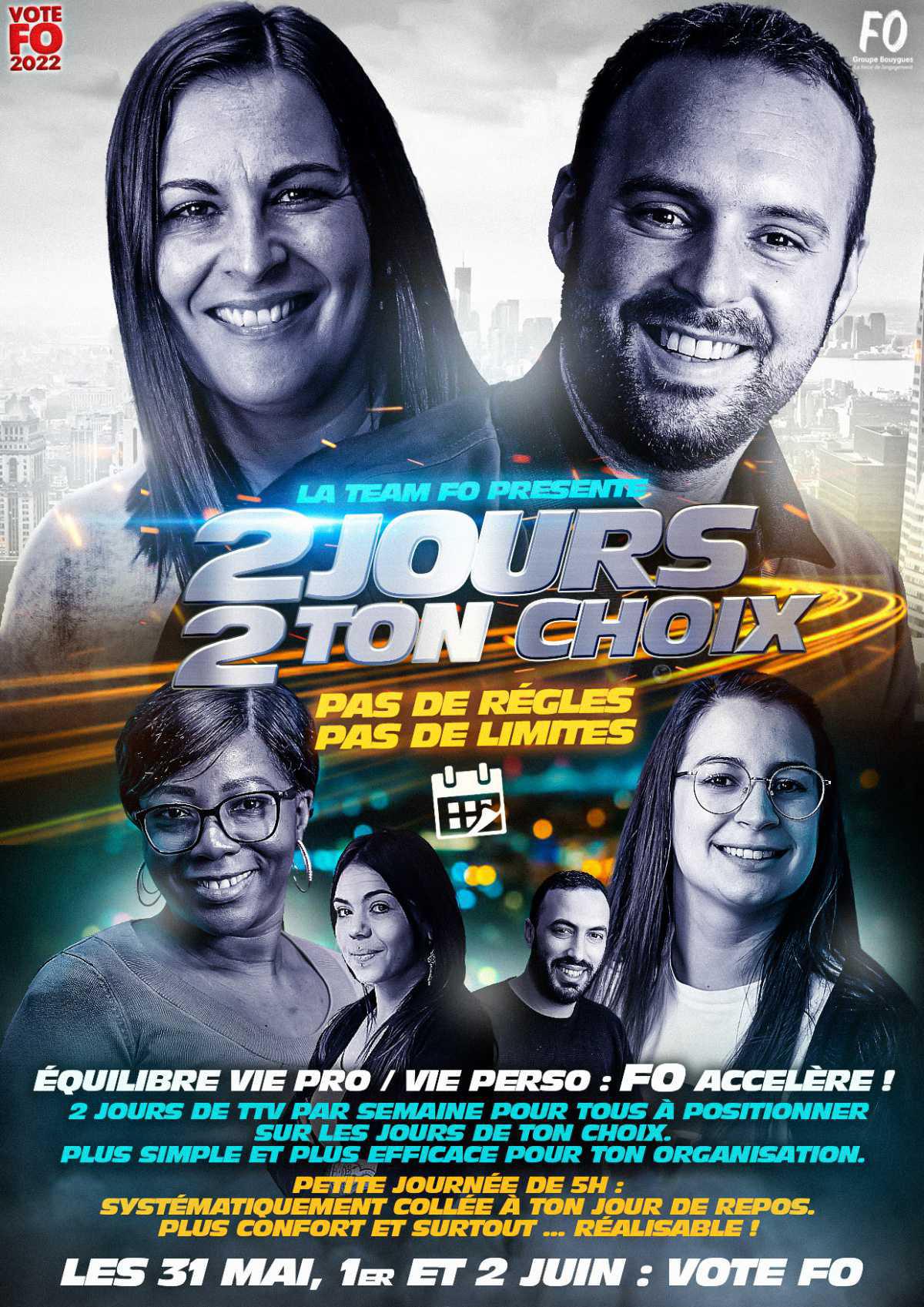 Tract "Temps de travail : 2 jours de TTV + journée de 5h"