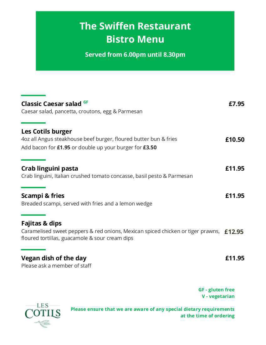 Les Cotils Restaurant, Swiffen Room Bistro Menu