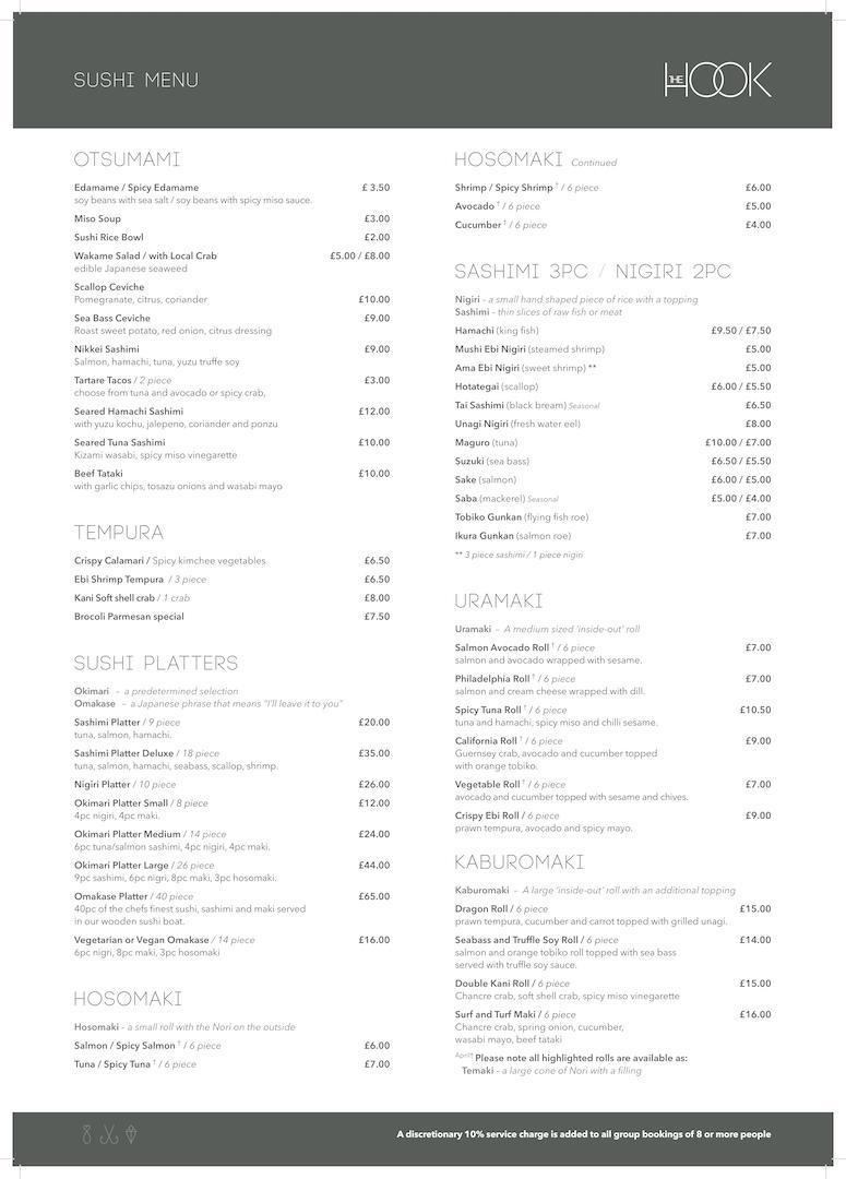 The Hook Sushi, A La Carte & Prix Fixe Menu