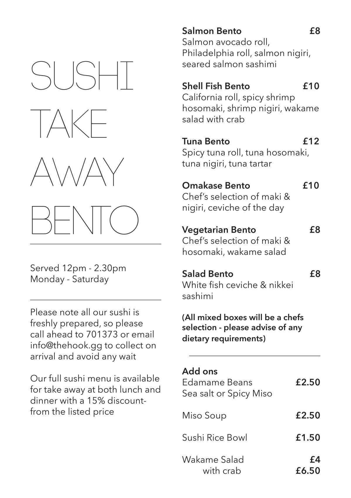 The Hook Sushi Lunchtime Take Away Menu