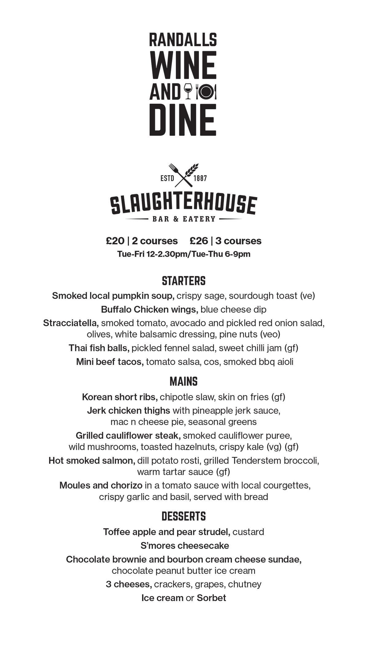 Slaughterhouse Wine & Dine Menu