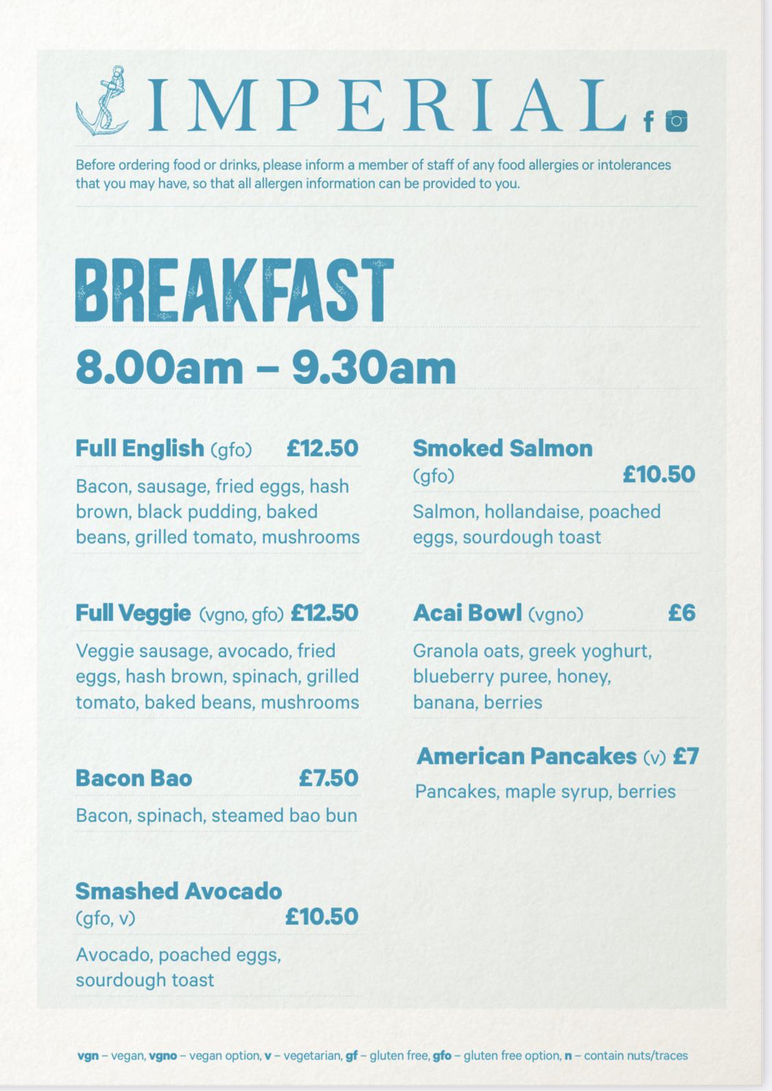 Imperial Hotel & Restaurant Breakfast Menu