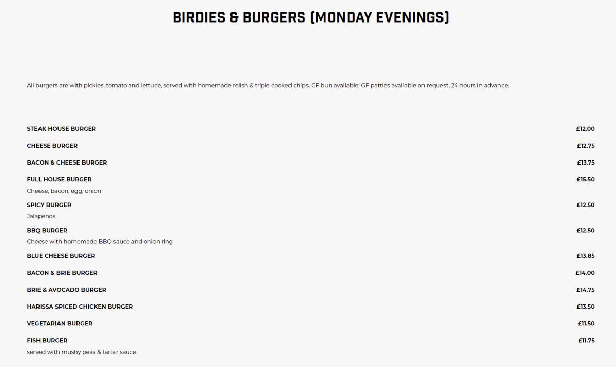 Nineteen Birdies & Burgers Menu