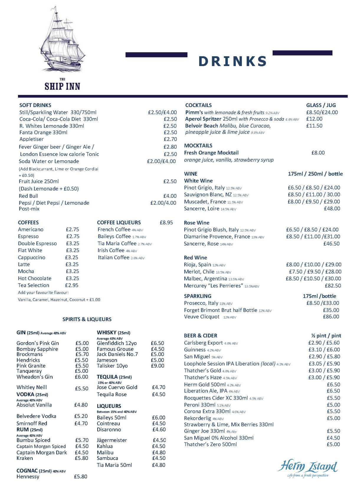 The Ship Inn Drinks Menu