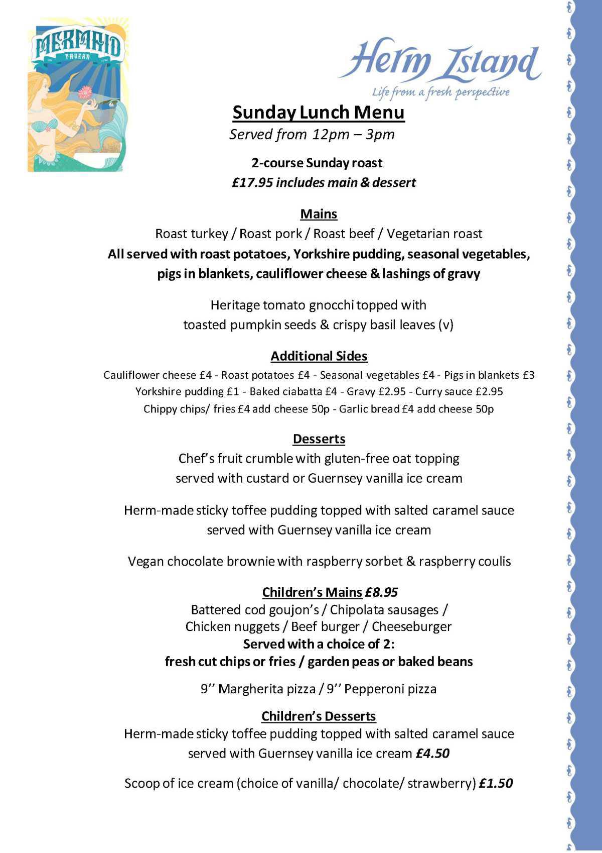 Mermaid Sunday Lunch Menu