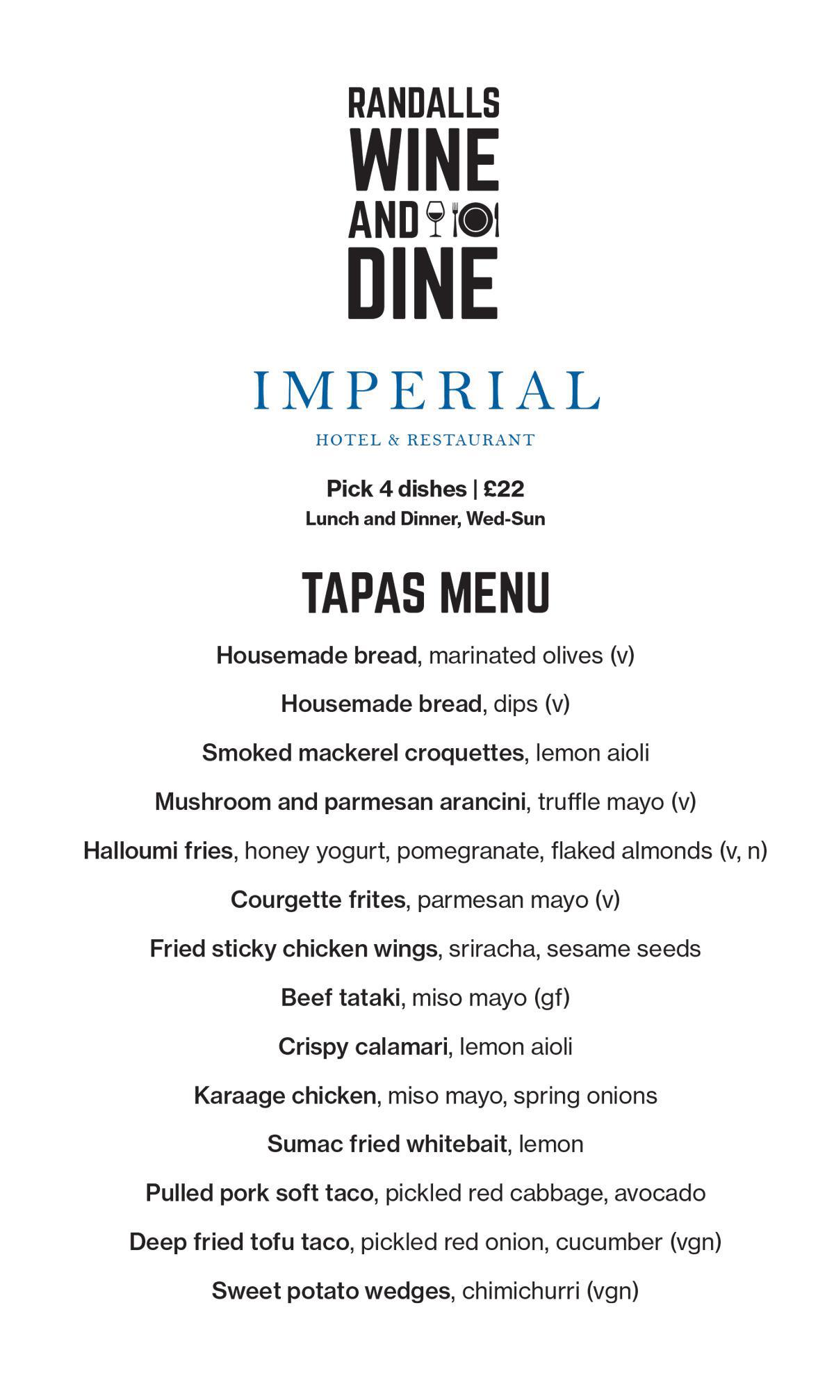 Imperial Hotel & Restaurant Wine & Dine Menu
