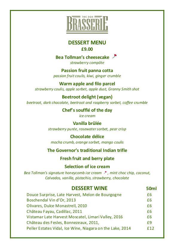 brasserie of light dessert menu