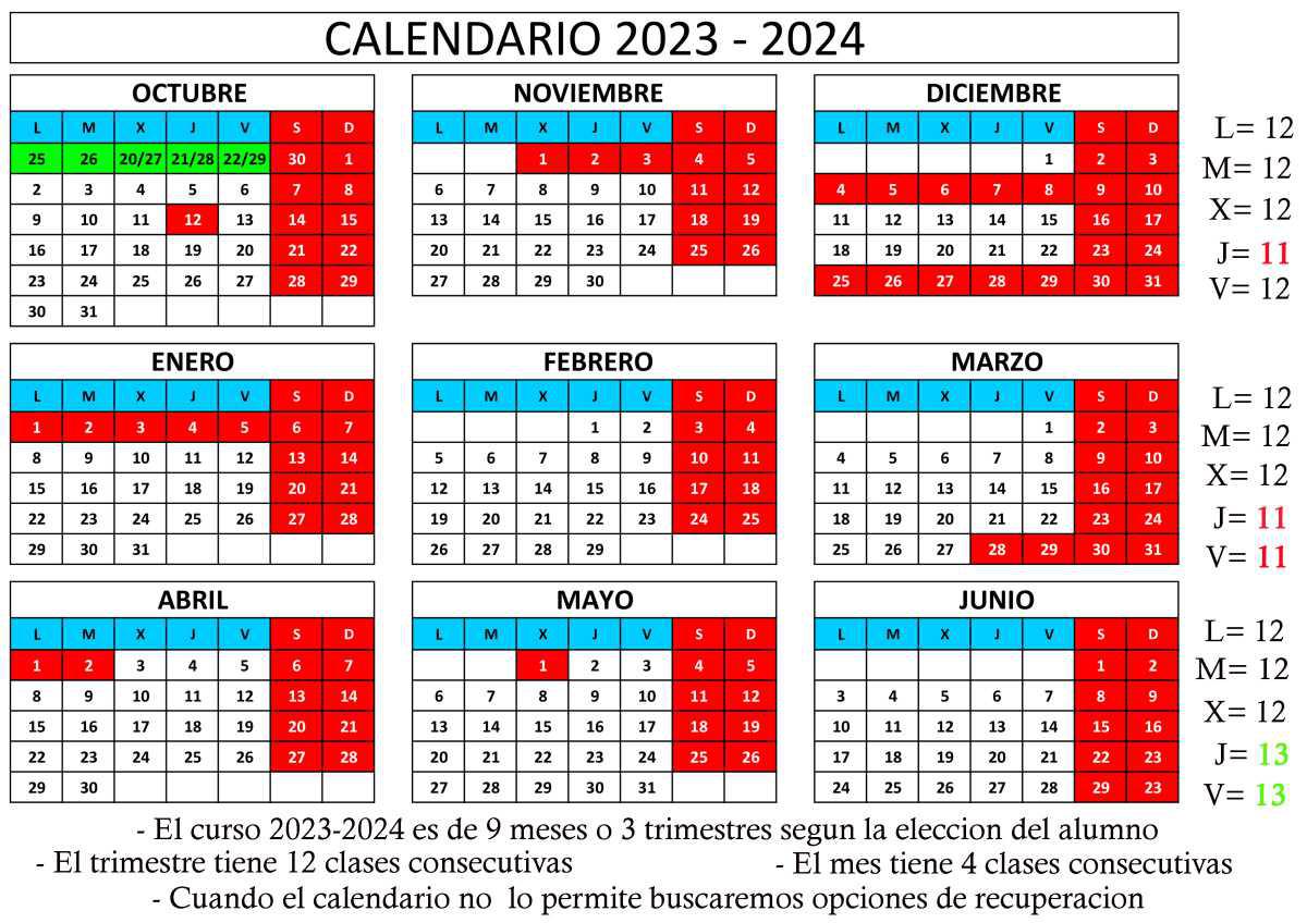 Horarios de clases y calendario 2023-2024