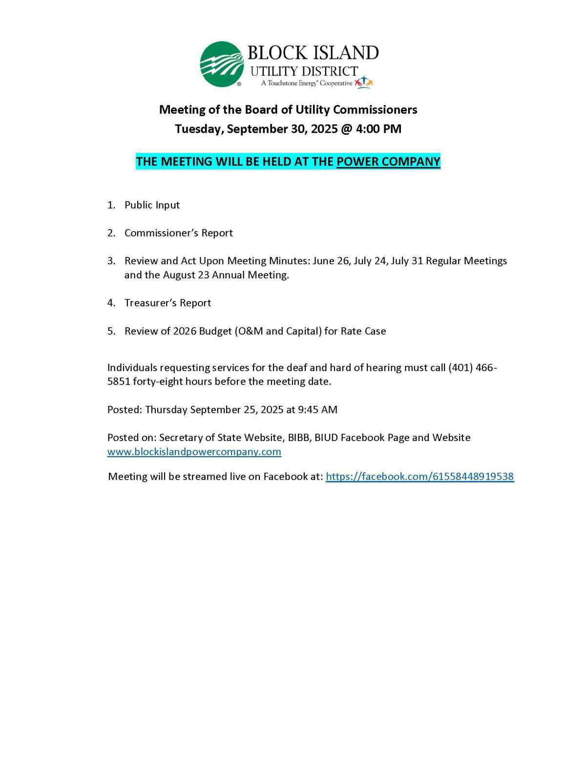 Block Island Utility District Board Meeting