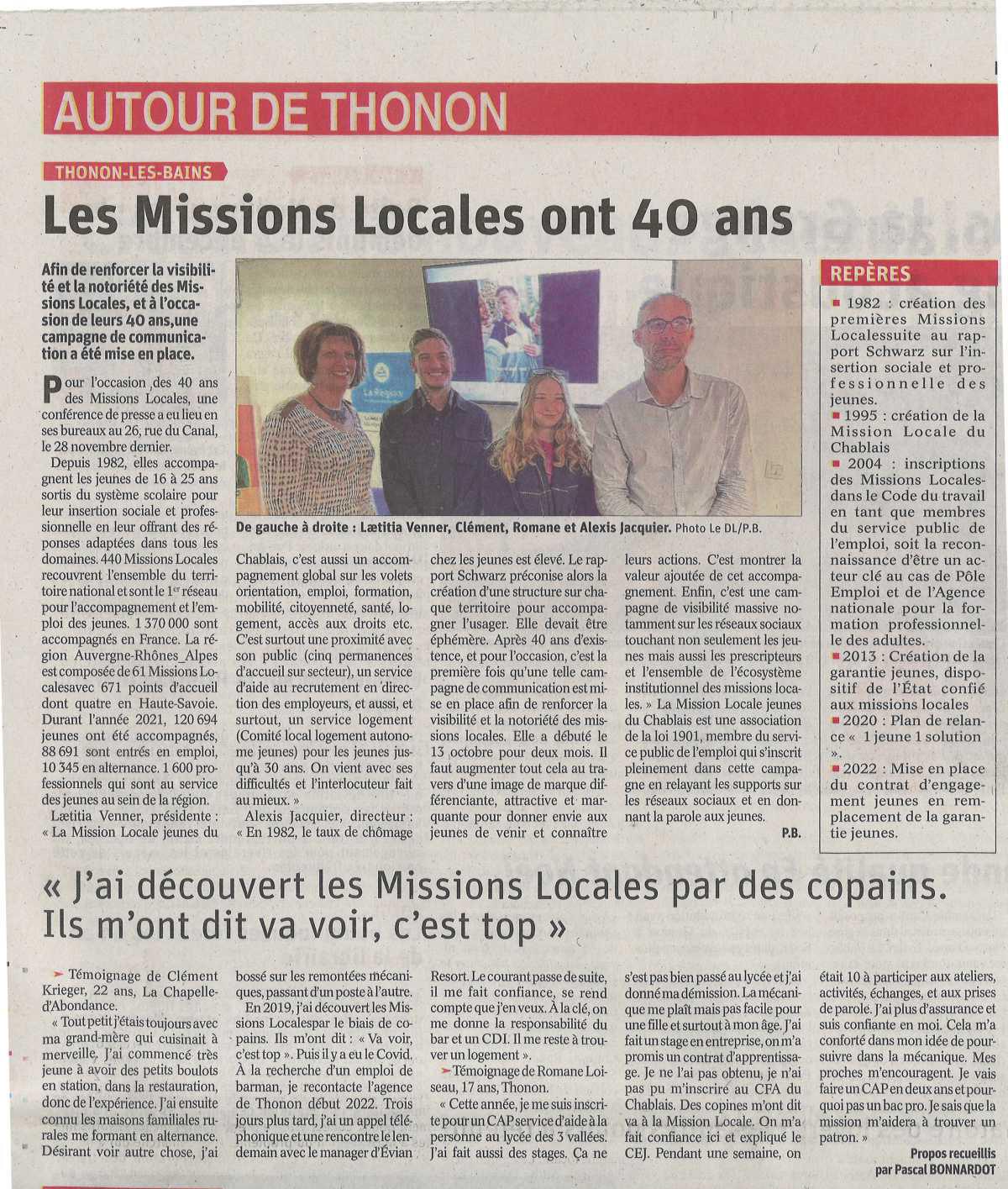 Article "40Ans des missions locales - Parole aux jeunes "- 1er décembre 2022