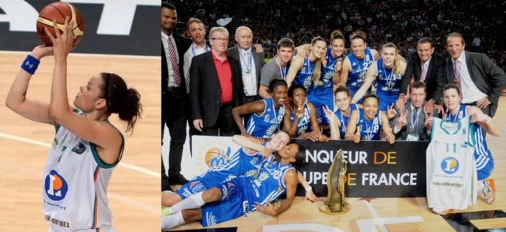 Non vous ne rêvez pas: Kristen MANN a bien disputé son dernier match avec un maillot blanc et vert floqué de la mention "Pau-Lacq-Orthez" et du numéro 7, un maillot palois que Gaëlle SKRELA n'a pas hésité à amener jusque devant le panneau du vainqueur! (photo de droite: Caroline JUNES)