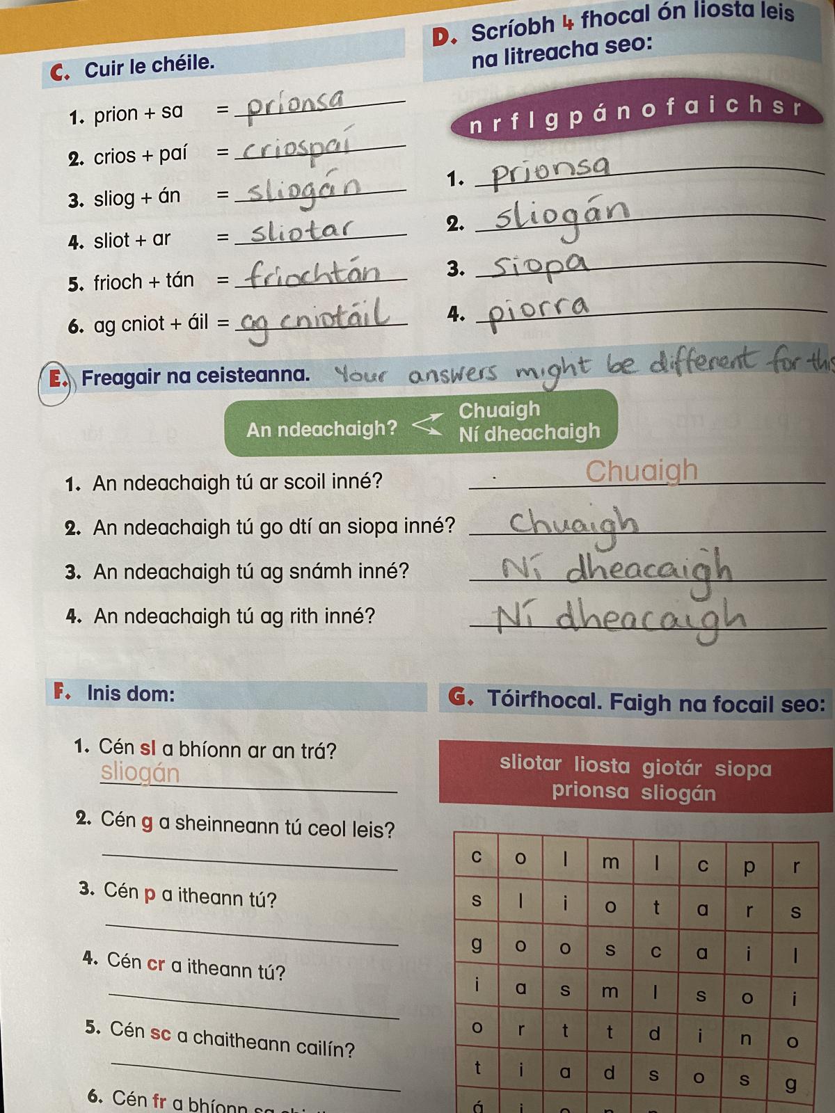 Work for Wednesday 24th of February 