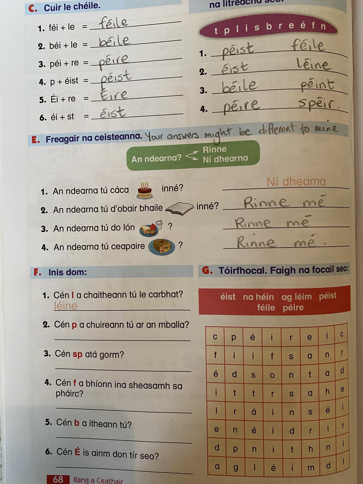 Work for Wednesday 10th of March. 