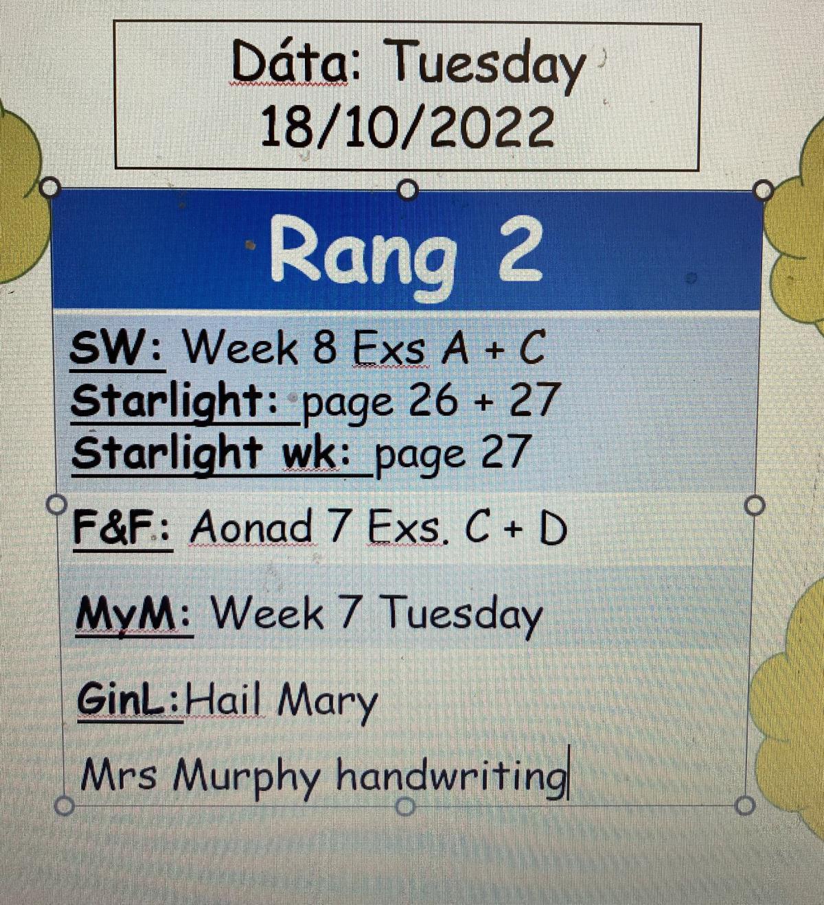 Work for Tuesday 18/10/22