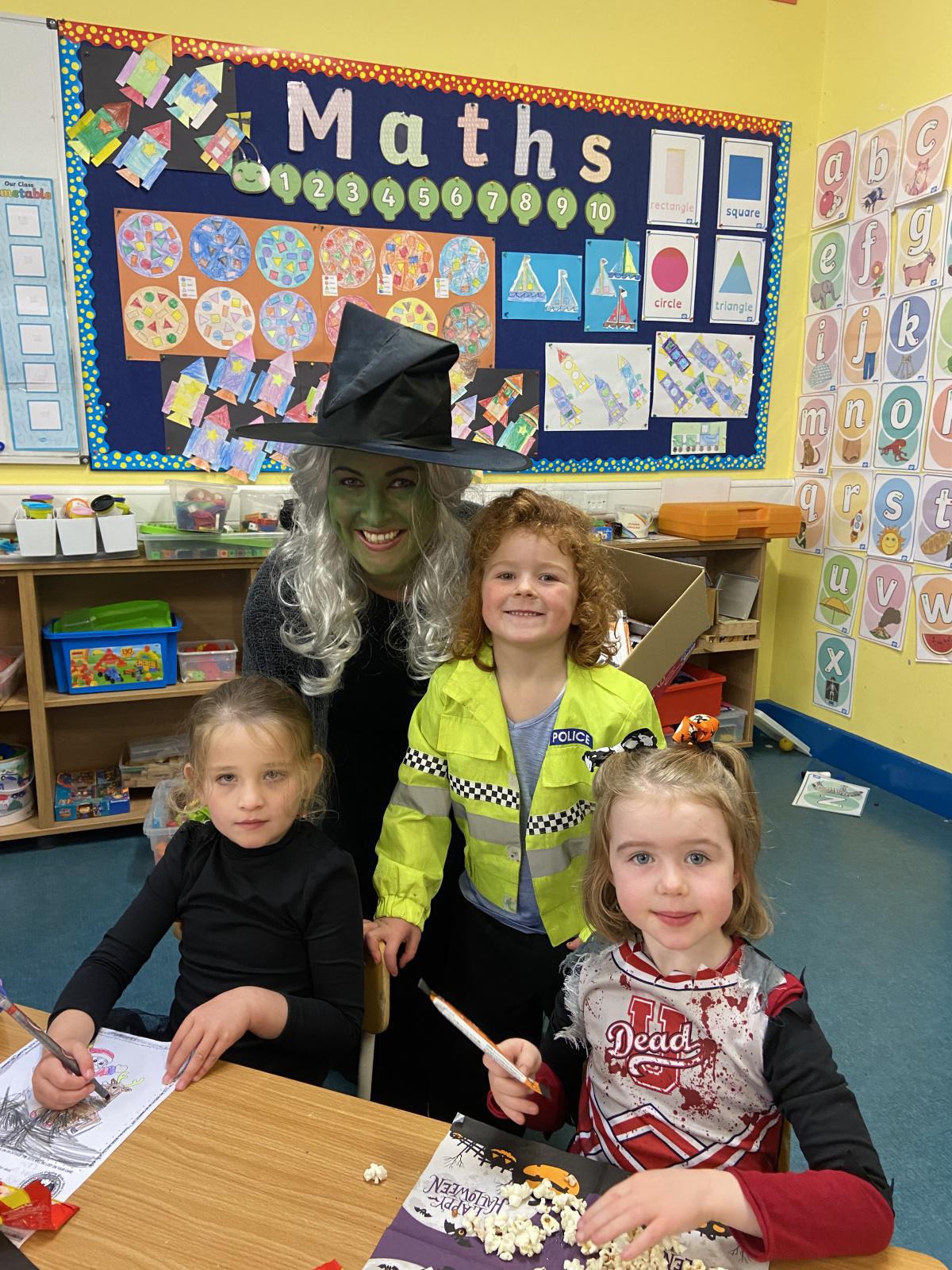 ‘Three witches from the Parents council visited the school this afternoon to wish all the children a happy Halloween and midterm. They also gave every child some spooky treats to enjoy