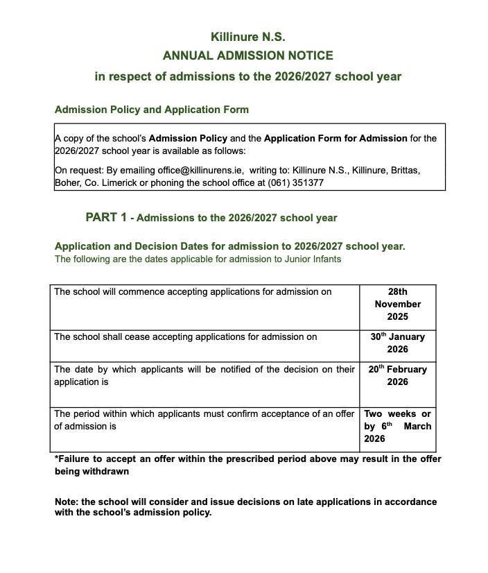 Enrolment Notice for 2026-2027 School Year
