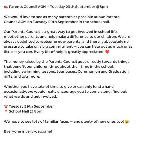 **********Parent Council AGM Tuesday 29th September 2026 8pm***********