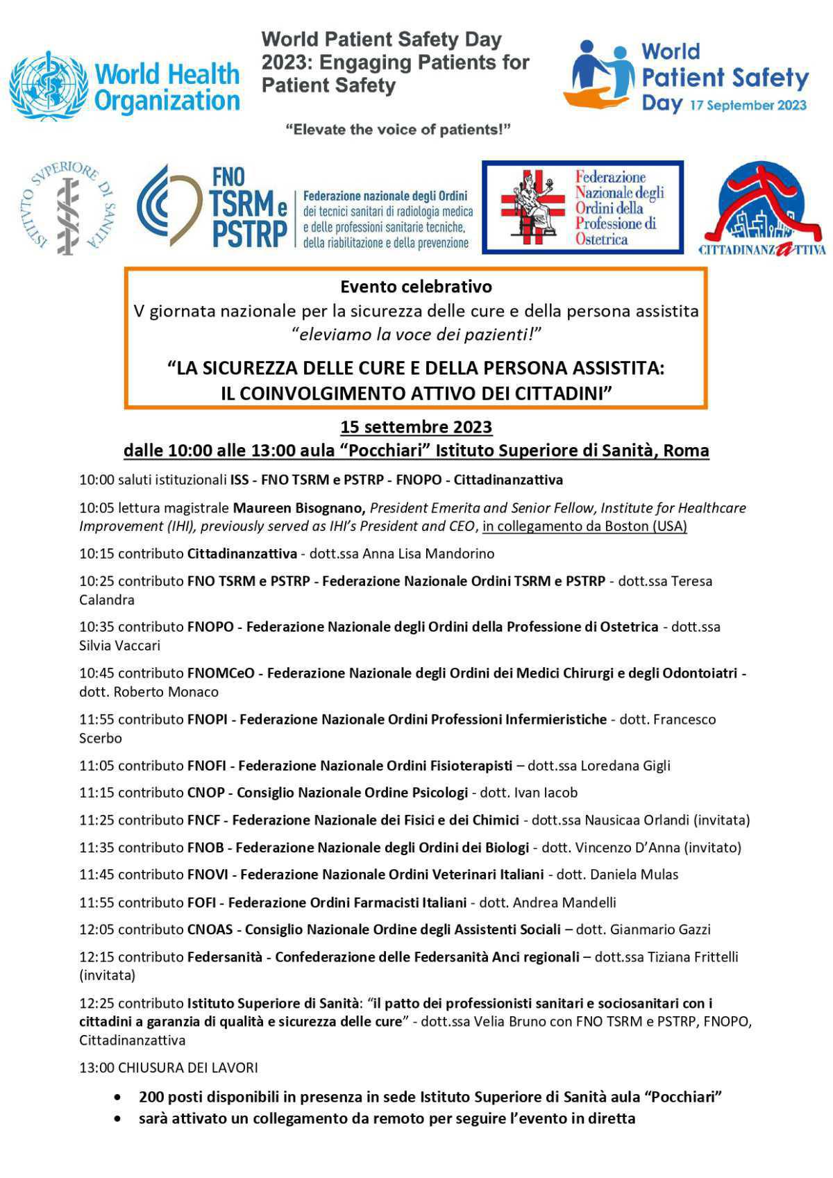Circolare n. 64/23 della FNOPO: celebrazione della V Giornata nazionale per la sicurezza delle cure e della persona assistita