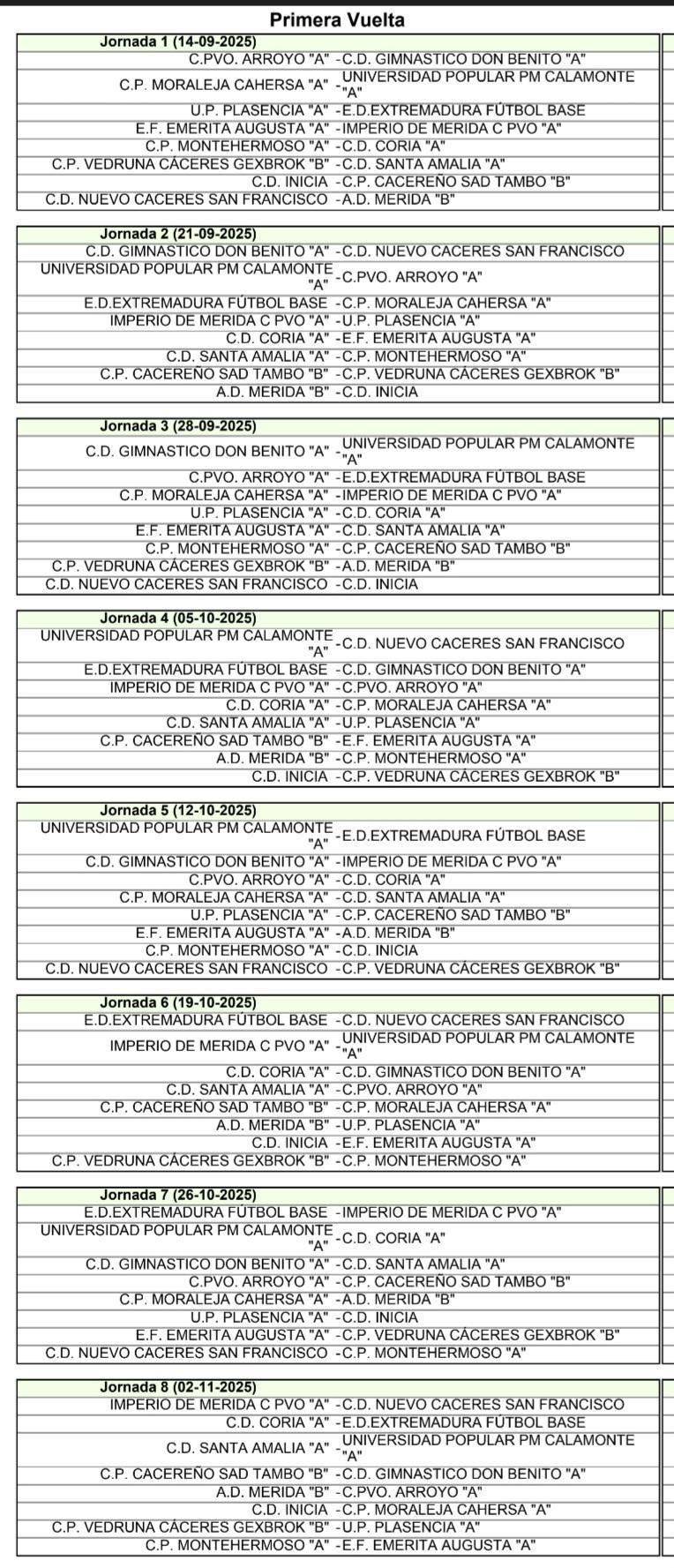 CALENDARIO JUVENILES 1A DIVISIÓN 