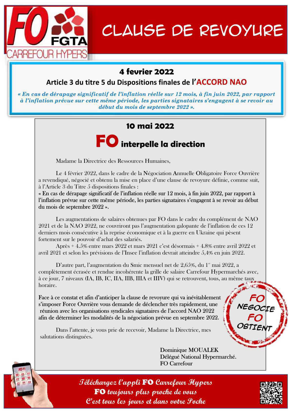 Clause de revoyure NAO 2022 : Dominique Moualek DSN FO Carrefour Hypers interpelle la direction 