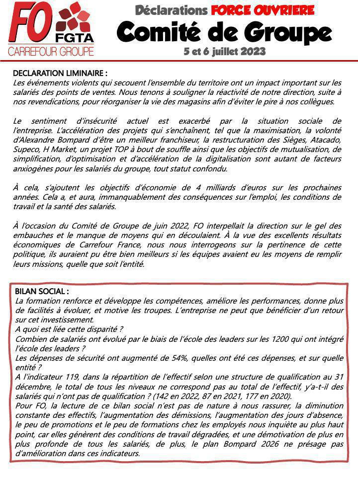Comité de groupe Carrefour : FO en première ligne Comité de groupe Carrefour : FO en première ligne