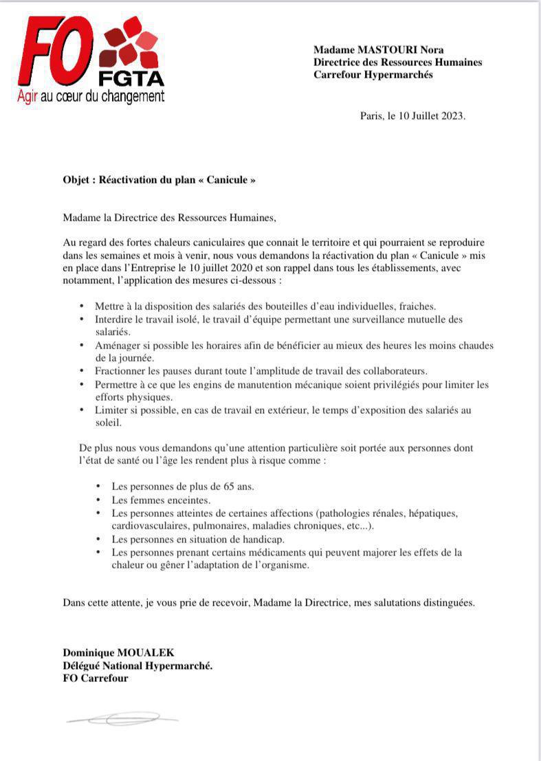 Canicule : FO interpelle la direction Canicule : FO interpelle la direction