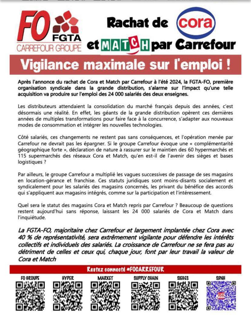 Rachat de Cora et Match par Carrefour : vigilance maximale sur l’emploi ! Rachat de Cora et Match par Carrefour : vigilance maximale sur l’emploi !