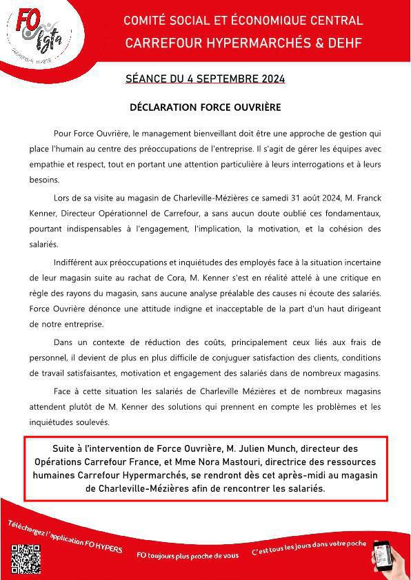 CSEC : déclaration suite à la visite de Franck Kenner au magasin de Charleville-Mézières CSEC : déclaration suite à la visite de Franck Kenner au magasin de Charleville-Mézières