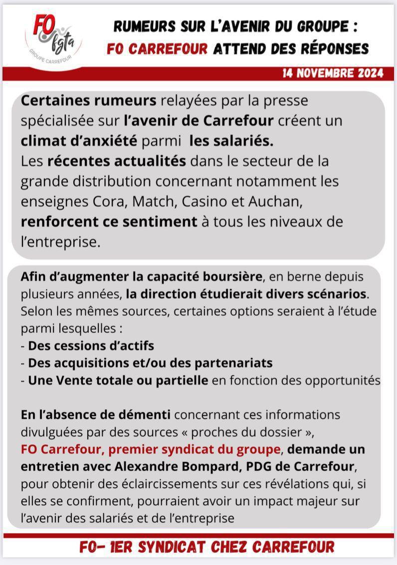 Rumeurs sur l'avenir de Carrefour : FO attend des réponses ! Rumeurs sur l'avenir de Carrefour : FO attend des réponses !