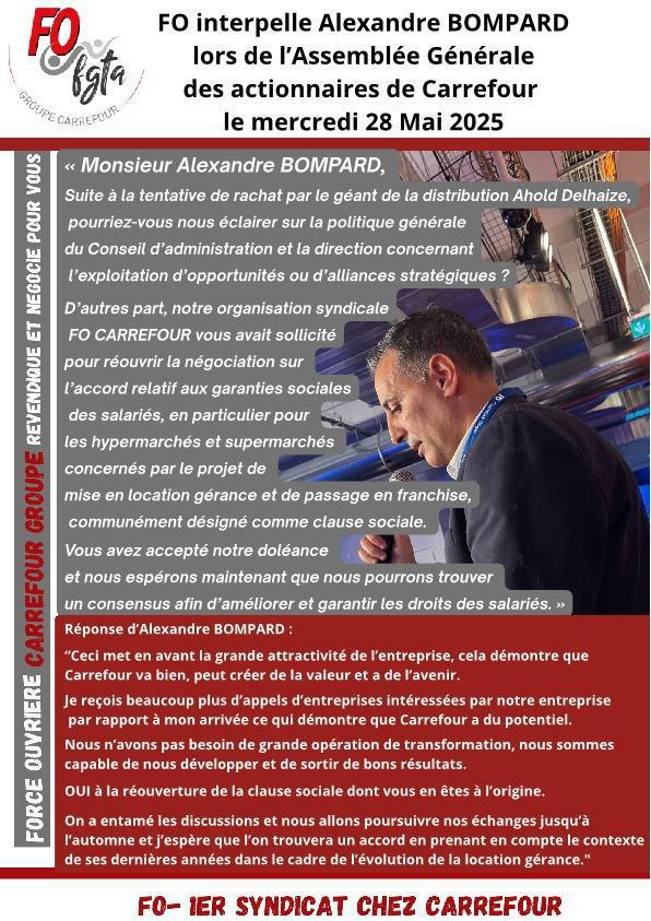 FO interpelle Alexandre Bompard lors de l'assemblée générale des actionnaires FO interpelle Alexandre Bompard lors de l'assemblée générale des actionnaires