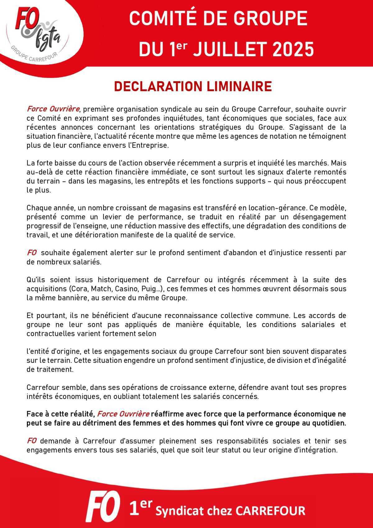 Comité de groupe : FO s'inquiète des orientations stratégiques de Carrefour