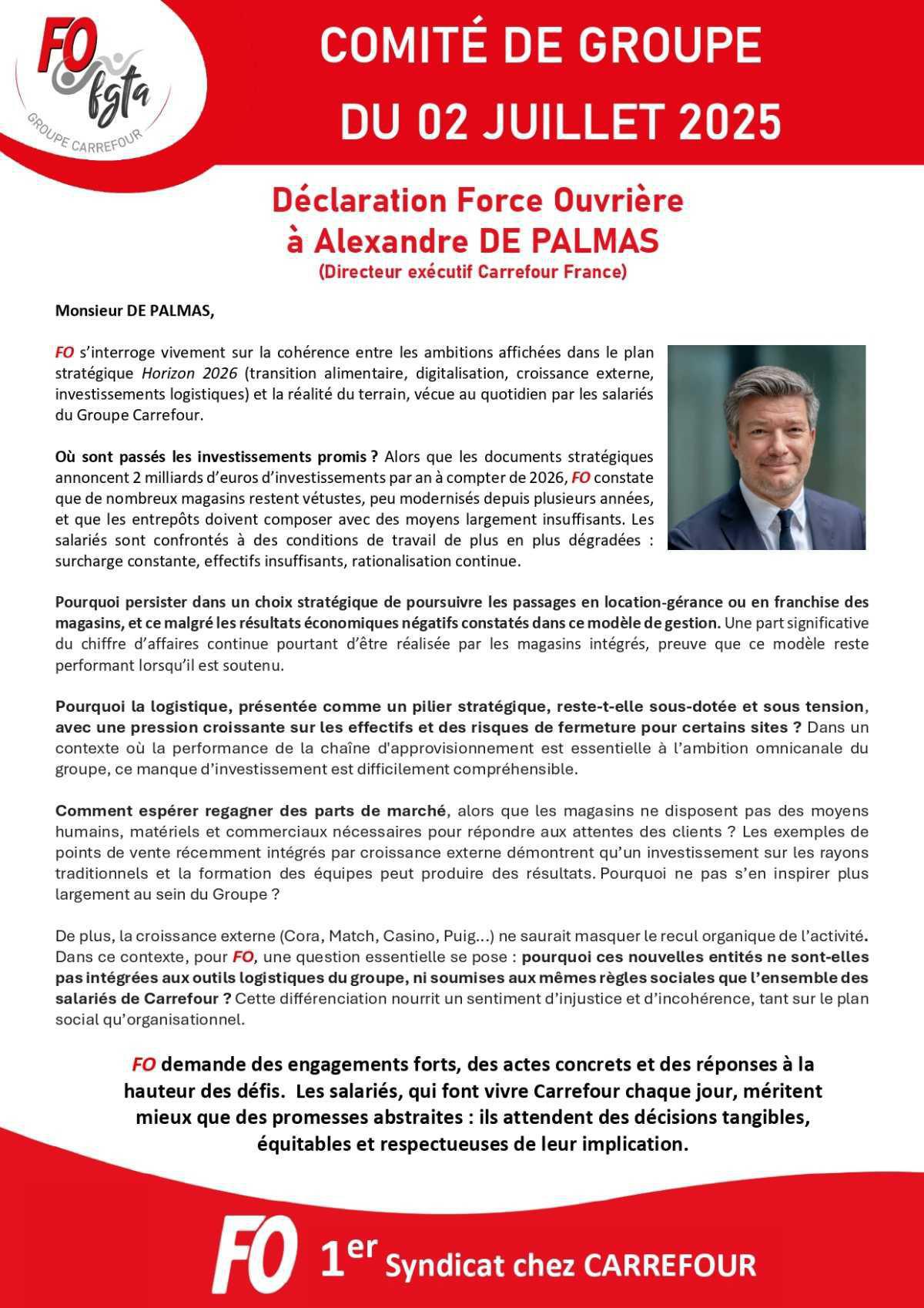 Comité de groupe : FO interpelle Alexandre de Palmas Comité de groupe : FO interpelle Alexandre de Palmas