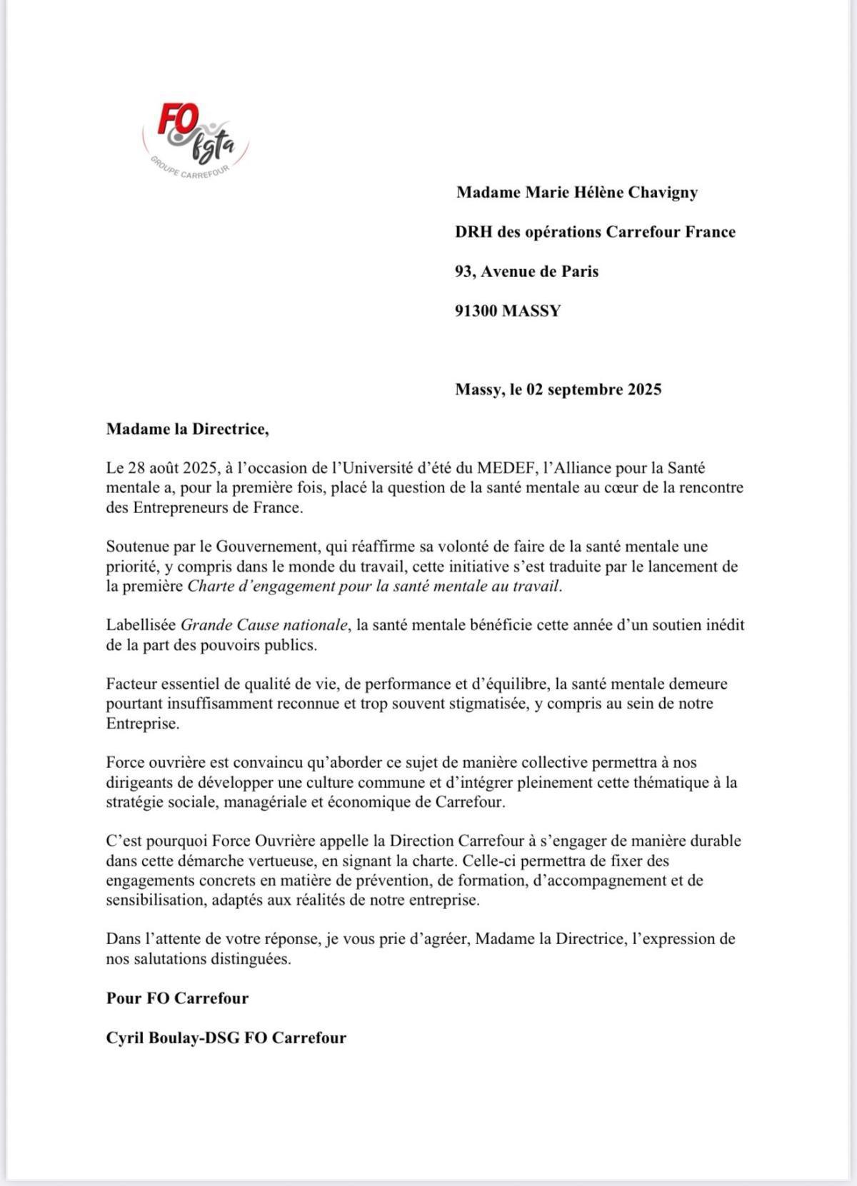 Santé mentale au travail : FO demande à Carrefour de s'engager Santé mentale au travail : FO demande à Carrefour de s'engager