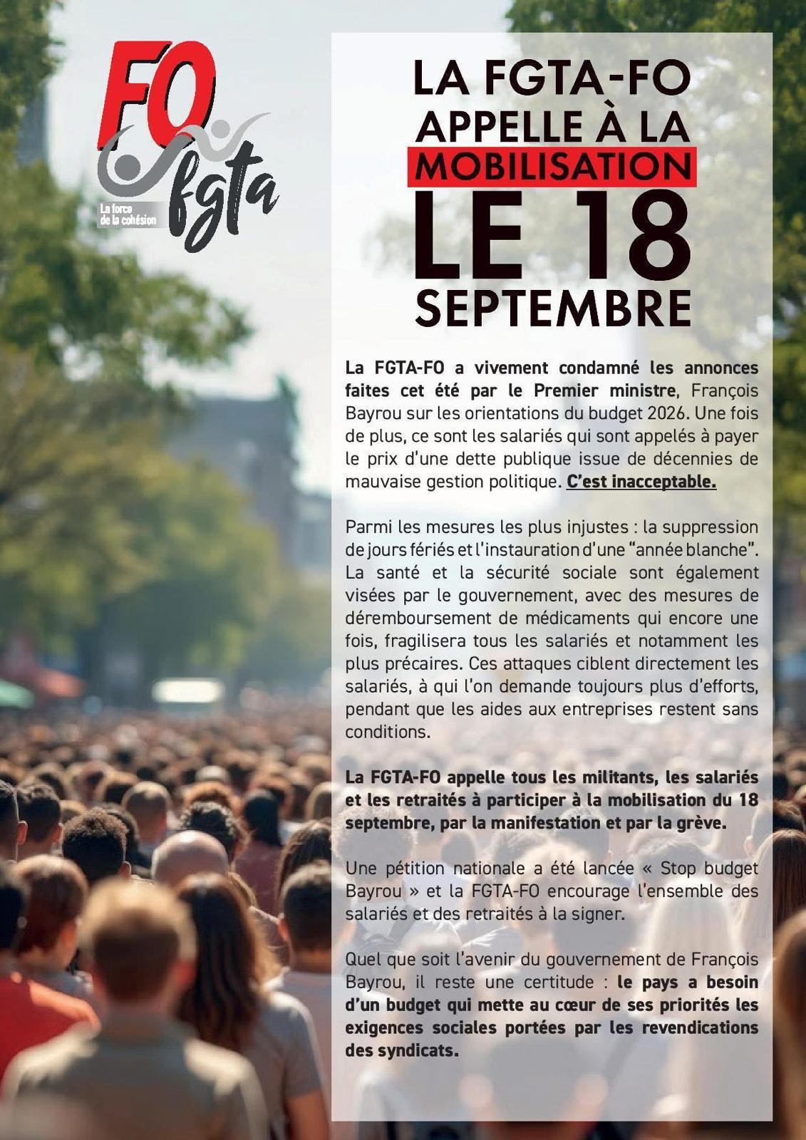 La FGTA-FO appelle à la mobilisation le 18 septembre !