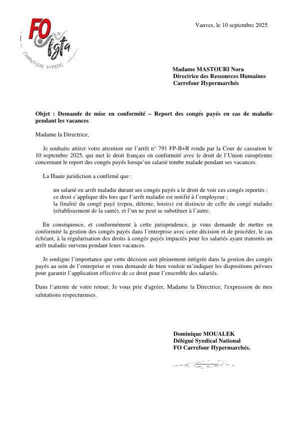 Report des congés payés en cas de maladie pendant les vacances : FO demande à la direction de se mettre en conformité