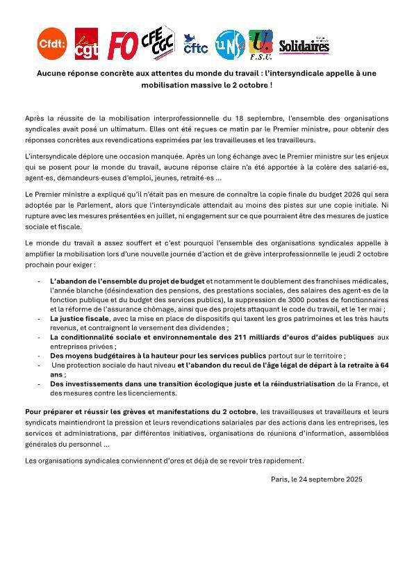 Aucune réponse concrète aux attentes du monde du travail : l’intersyndicale appelle à une mobilisation massive le 2 octobre ! 