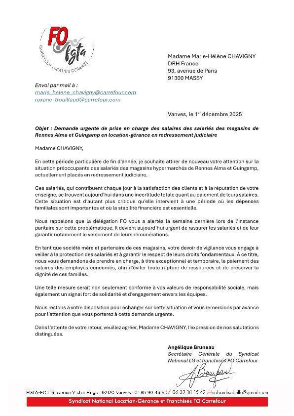 Rennes Alma et Guigamp : FO demande la prise en charge des salaires par Carrefour Rennes Alma et Guigamp : FO demande la prise en charge des salaires par Carrefour