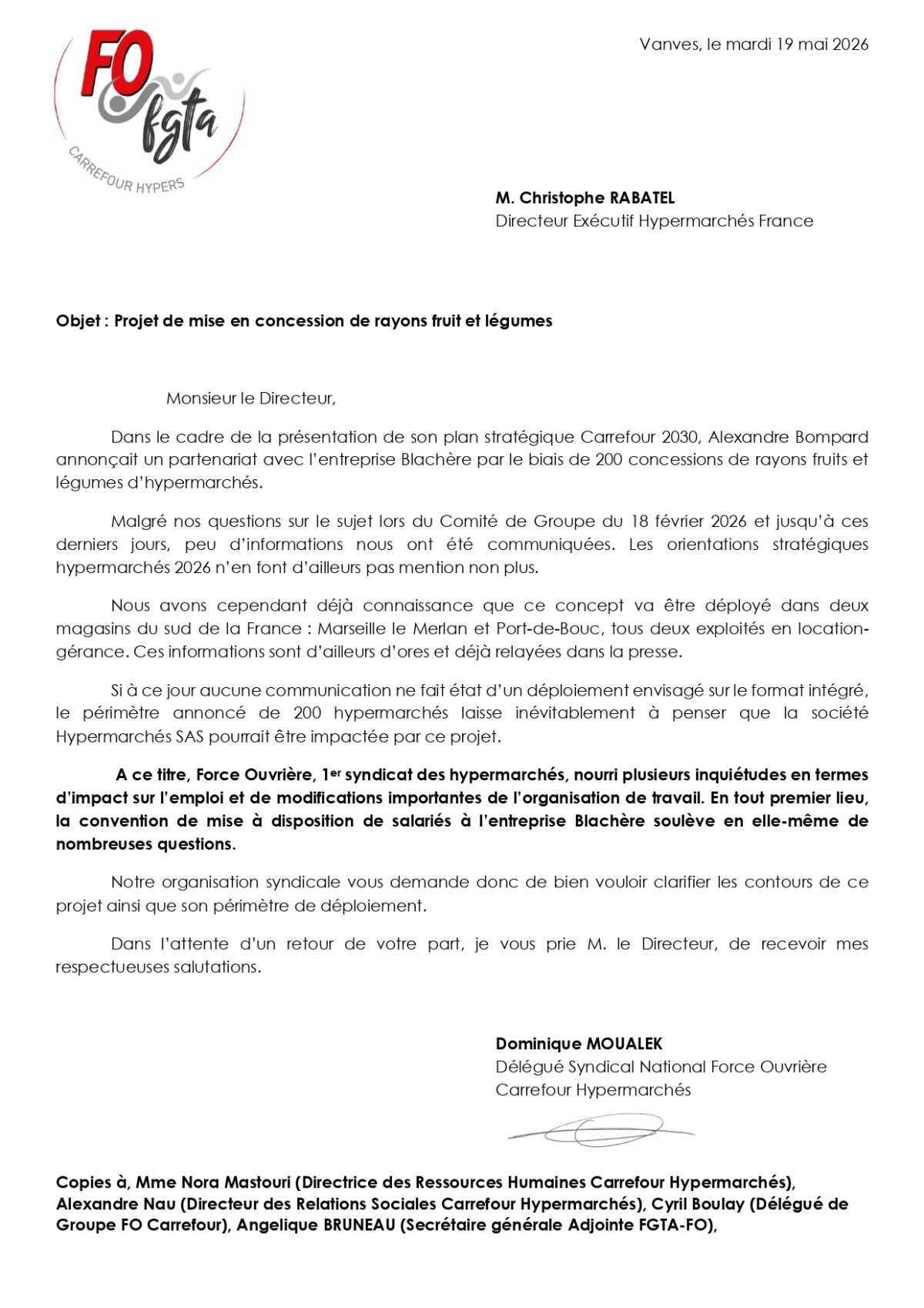 Concession des rayons F&L : FO demande des informations