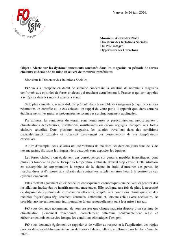 FO alerte la direction sur les conséquences des fortes chaleurs en magasin