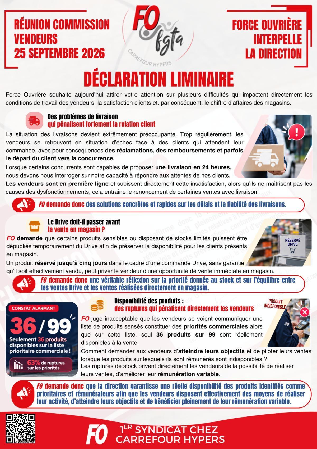 COMMISSION VENDEURS : DÉCLARATION LIMINAIRE 
