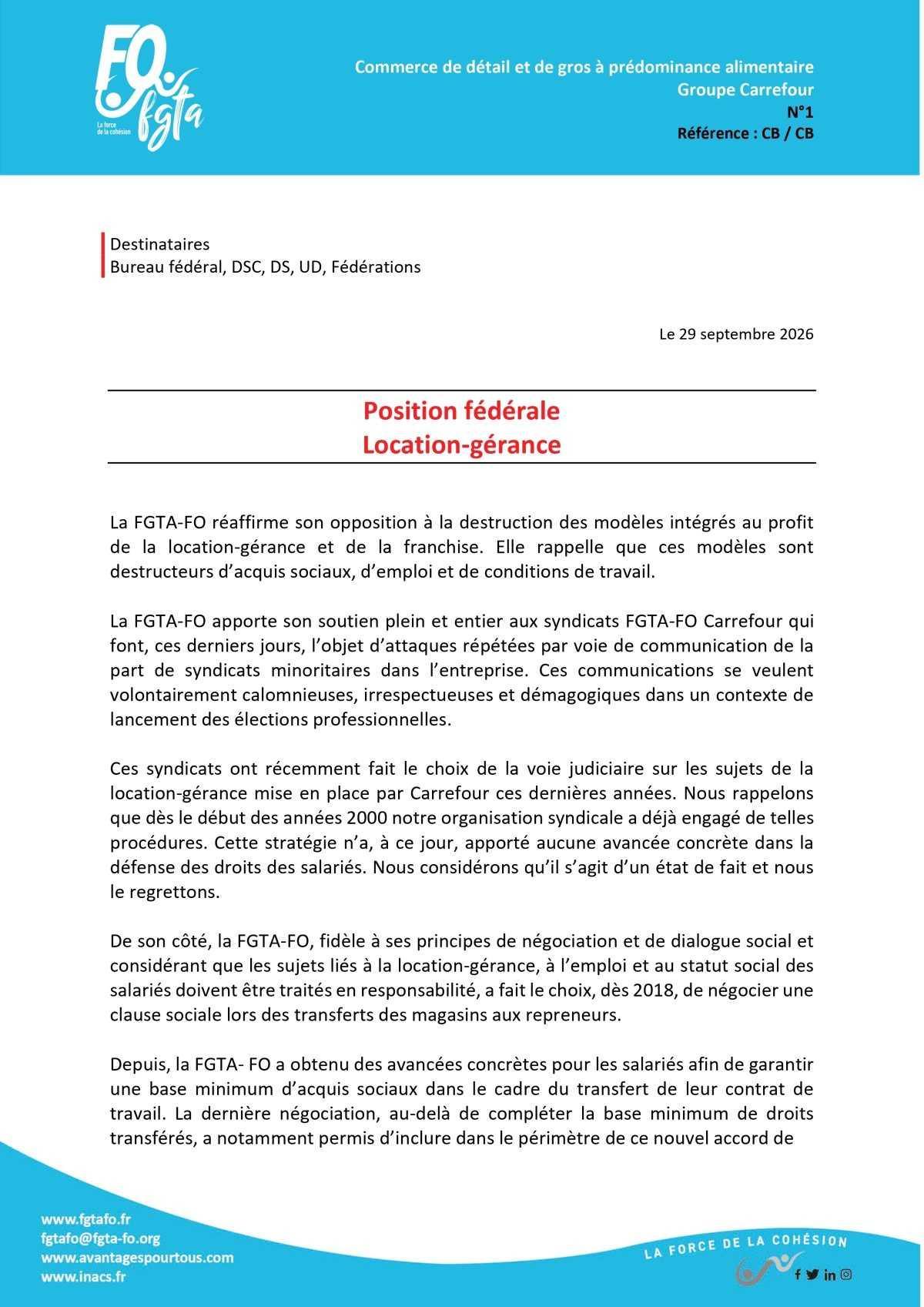 Position fédérale Location-gérance