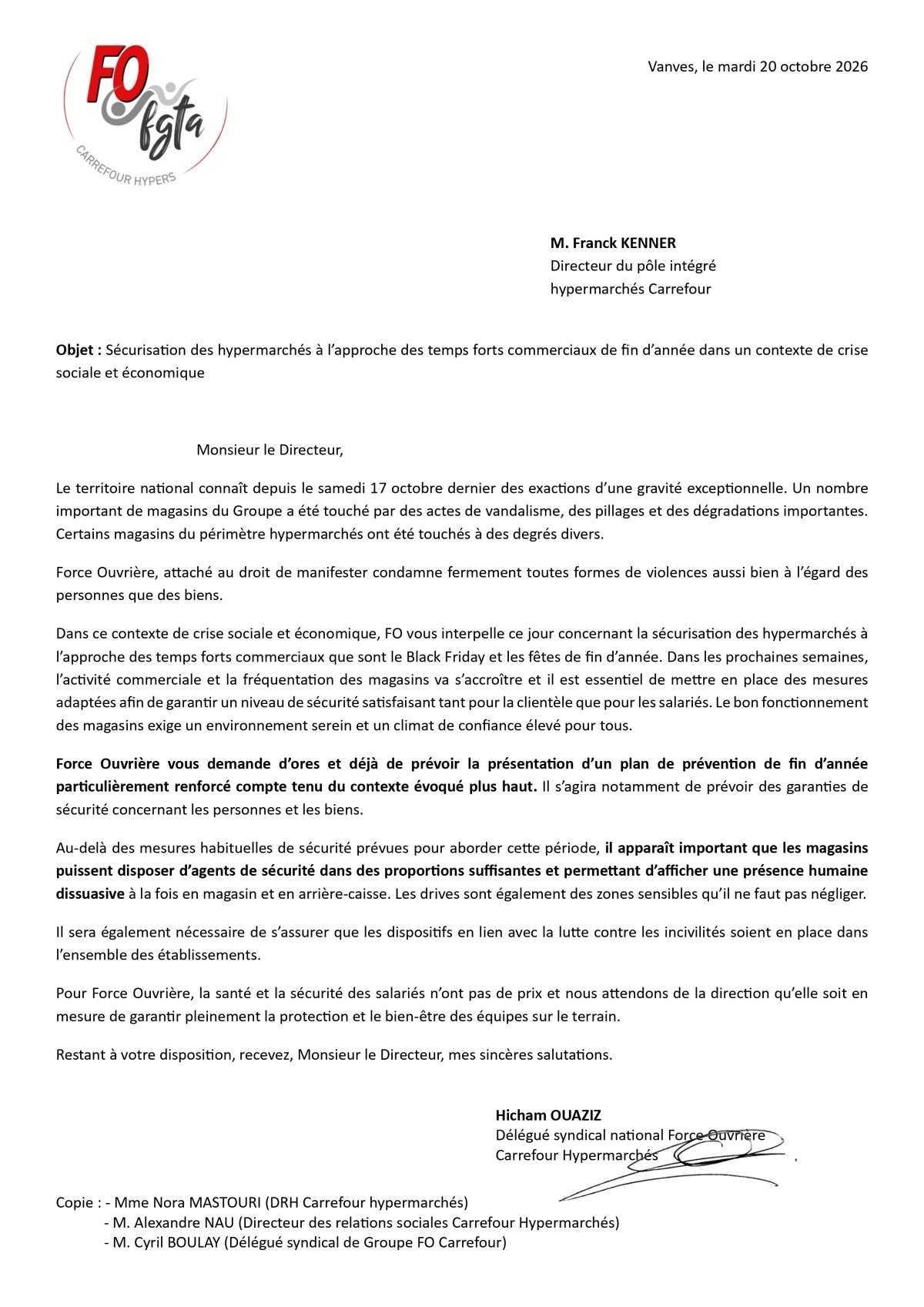 Sécurité dans les hypermarchés Carrefour : FO exige un plan de prévention renforcé pour la fin d’année
