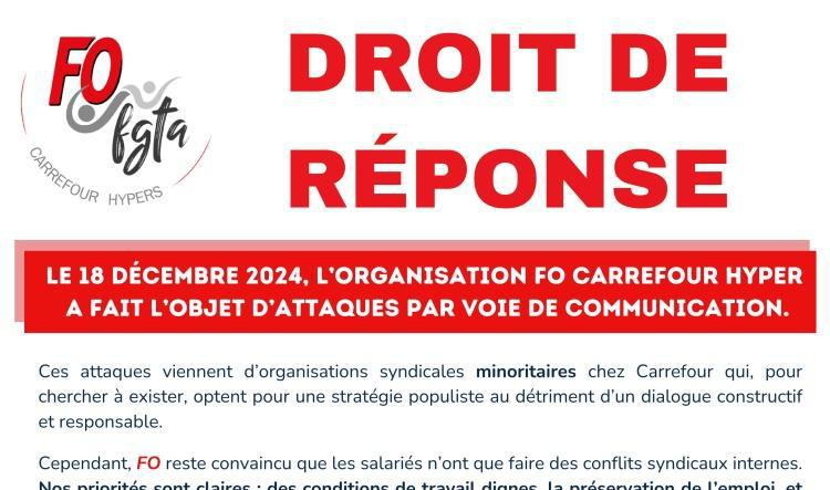 DROIT DE RÉPONSE : FO Carrefour Hypers répond aux attaques dont elle est l'objet