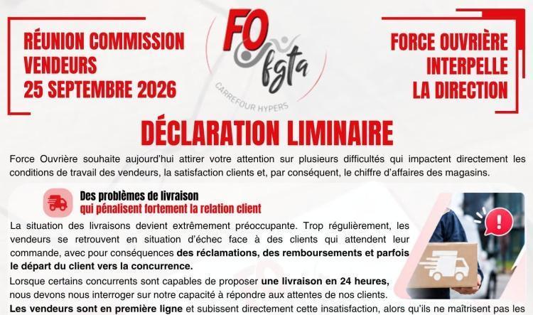 COMMISSION VENDEURS : DÉCLARATION LIMINAIRE