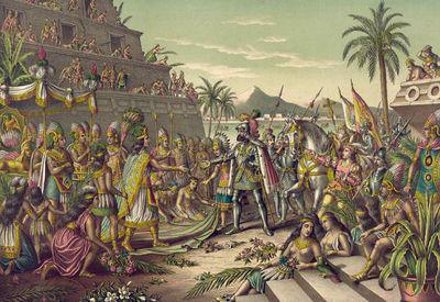 Peinture représentant la rencontre de Cortès et Moctezuma au Mexique