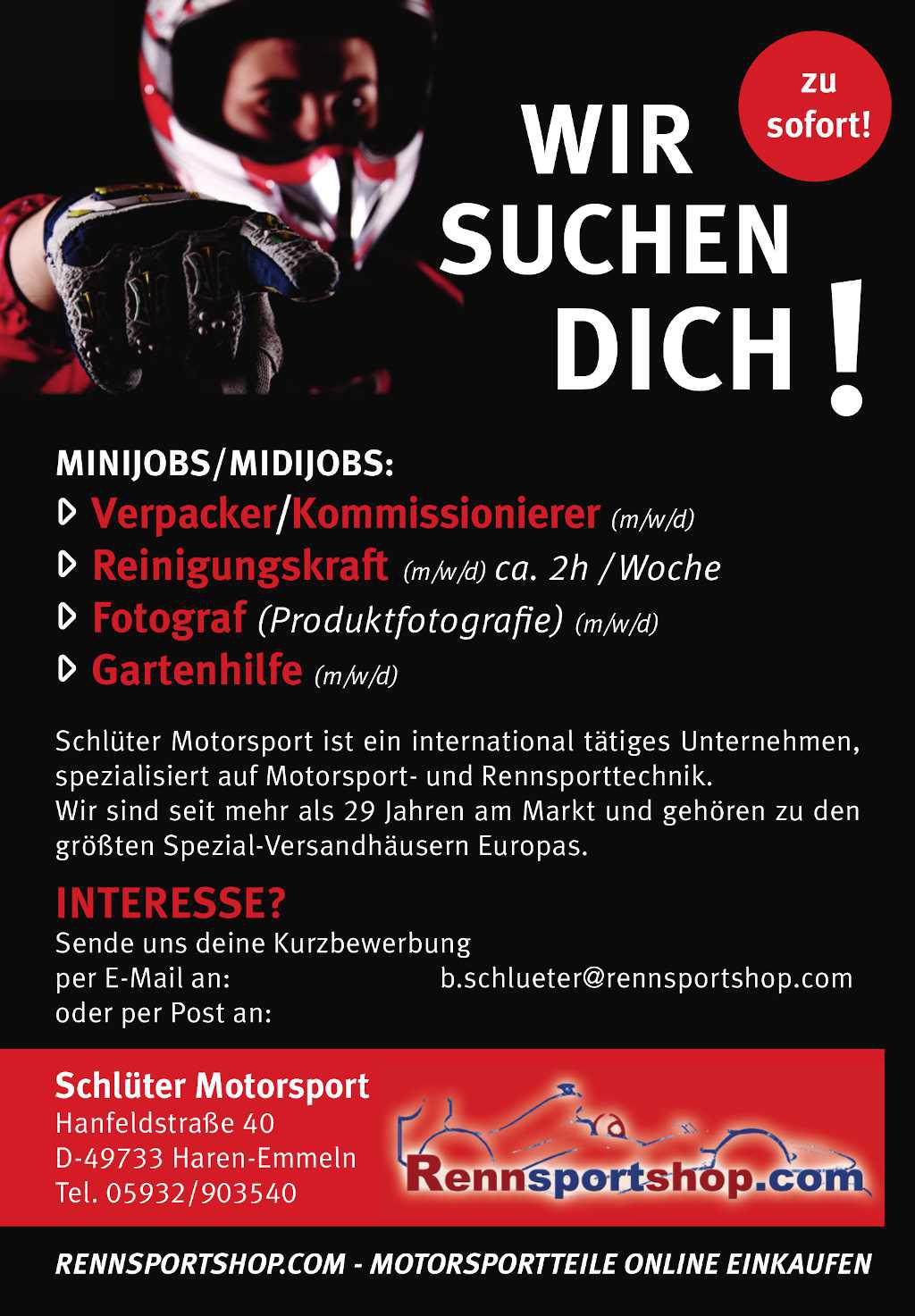 Schlüter Motorsport sucht Arbeitskräfte für Midi- / Minijobs (m/w/d)